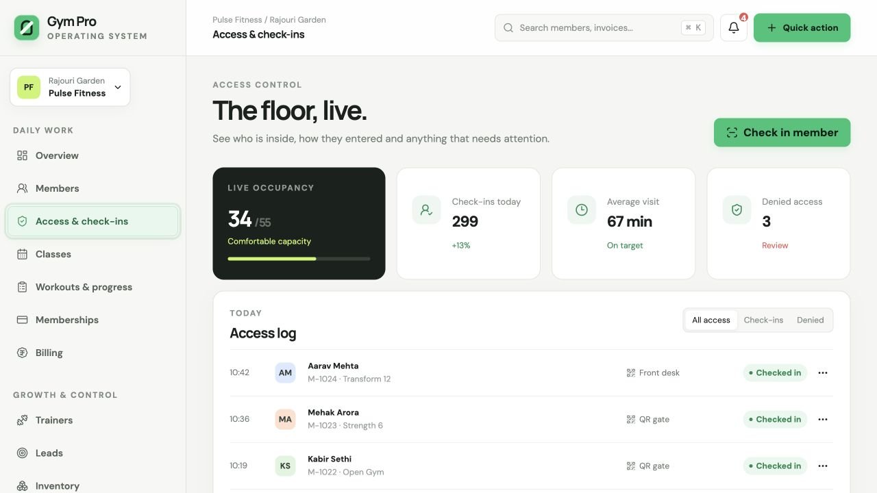 Gym Pro access screen